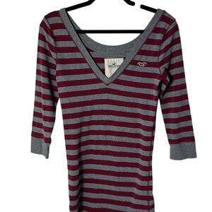 Y2K Hollister Striped V-Neck 3/4 Sleeve Sz L Burgundy Gray Fitted Bella Swan